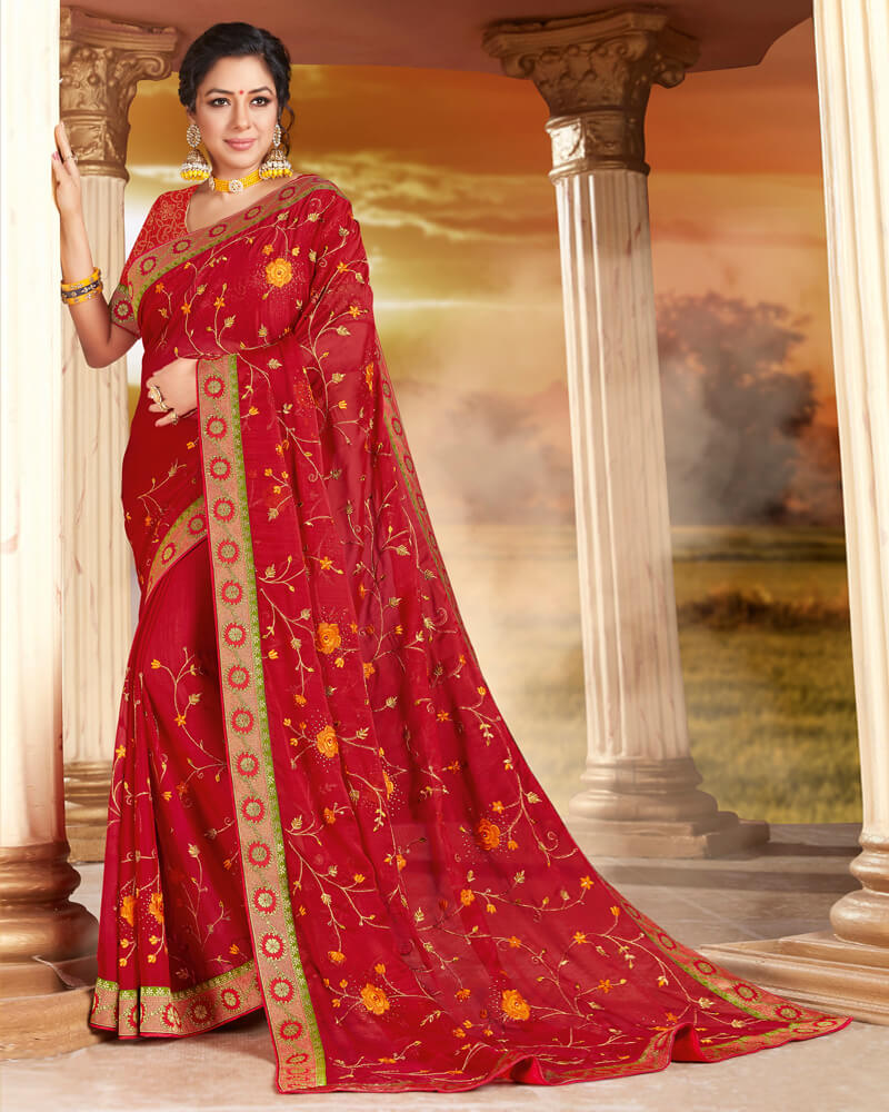 Vishal Prints Red Chiffon Saree With Embroidery Work