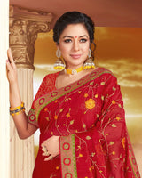 Vishal Prints Red Chiffon Saree With Embroidery Work