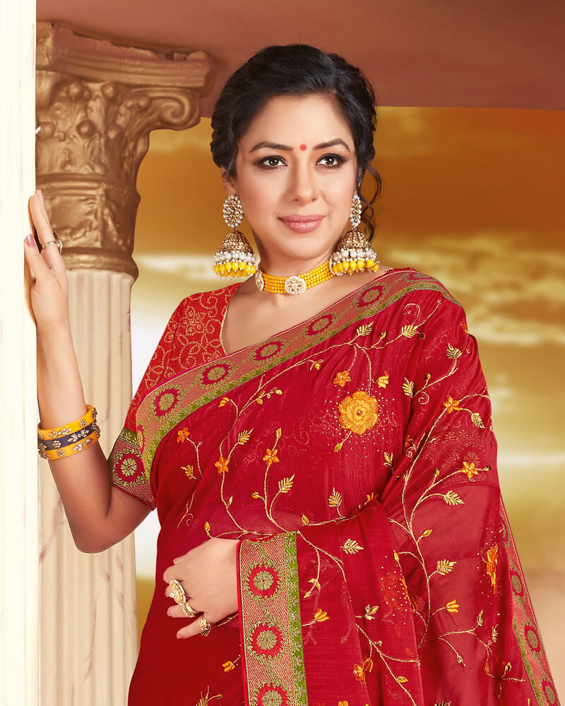 Vishal Prints Red Chiffon Saree With Embroidery Work