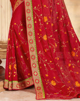 Vishal Prints Red Chiffon Saree With Embroidery Work