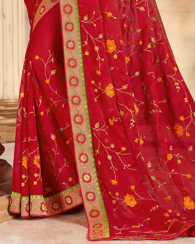 Vishal Prints Red Chiffon Saree With Embroidery Work