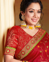 Vishal Prints Red Chiffon Saree With Embroidery Work