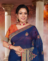 Vishal Prints Dark Blue Chiffon Saree With Embroidery Work