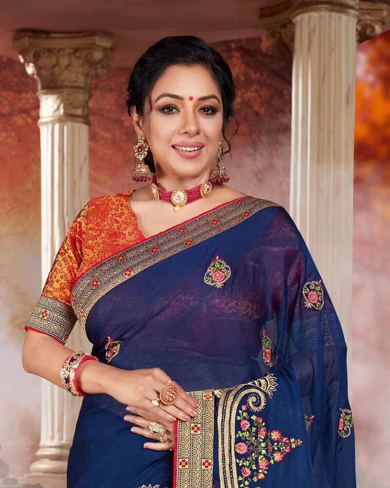 Vishal Prints Dark Blue Chiffon Saree With Embroidery Work