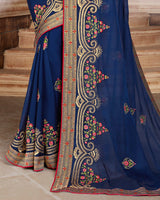 Vishal Prints Dark Blue Chiffon Saree With Embroidery Work