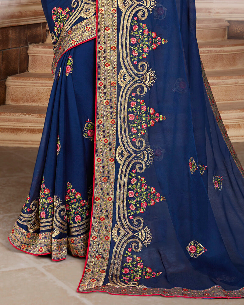 Vishal Prints Dark Blue Chiffon Saree With Embroidery Work