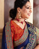 Vishal Prints Dark Blue Chiffon Saree With Embroidery Work