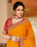 Vishal Prints Orange Chiffon Saree With Embroidery Work