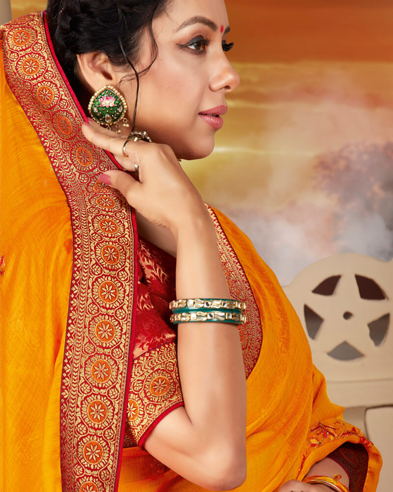 Vishal Prints Orange Chiffon Saree With Embroidery Work