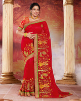Vishal Prints Red Chiffon Saree With Embroidery Work
