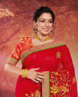 Vishal Prints Red Chiffon Saree With Embroidery Work