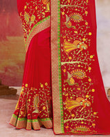 Vishal Prints Red Chiffon Saree With Embroidery Work