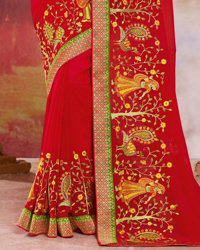 Vishal Prints Red Chiffon Saree With Embroidery Work