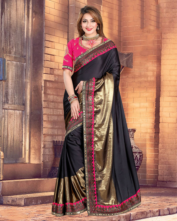 Vishal Prints Black Satin Saree With Foil Print And Jari Work