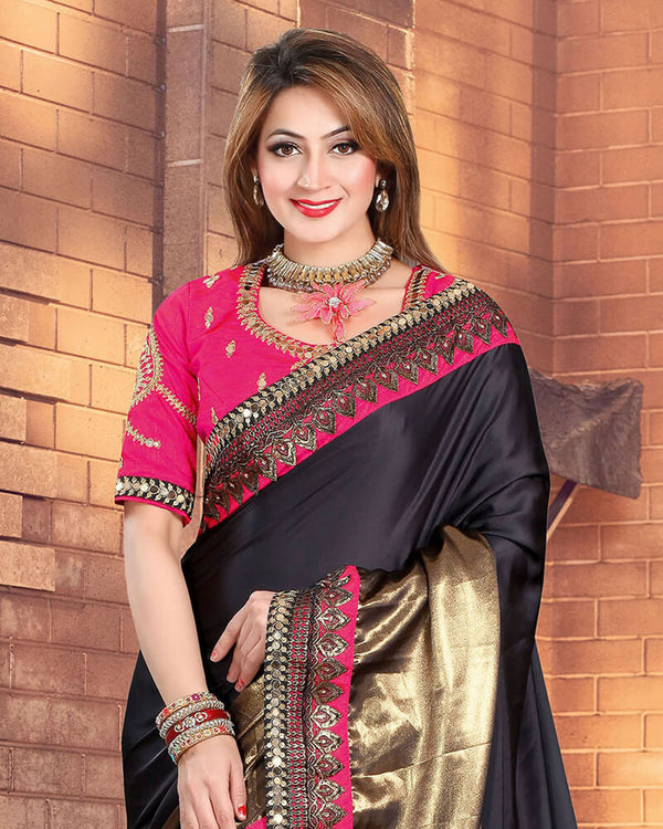 Vishal Prints Black Satin Saree With Foil Print And Jari Work