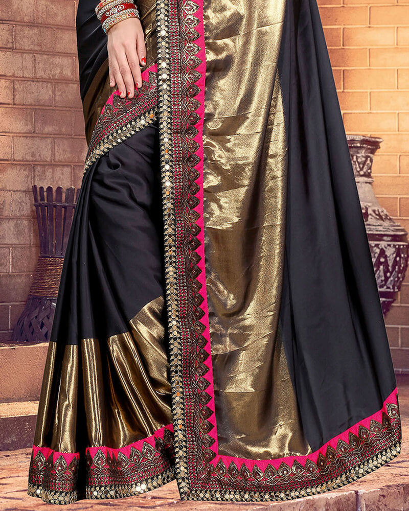 Vishal Prints Black Satin Saree With Foil Print And Jari Work