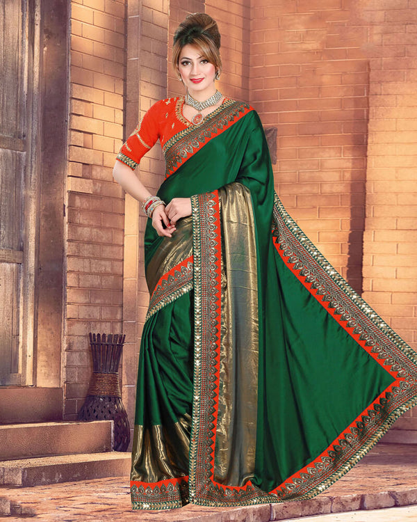 Vishal Prints Dark Green Satin Saree With Foil Print And Jari Work