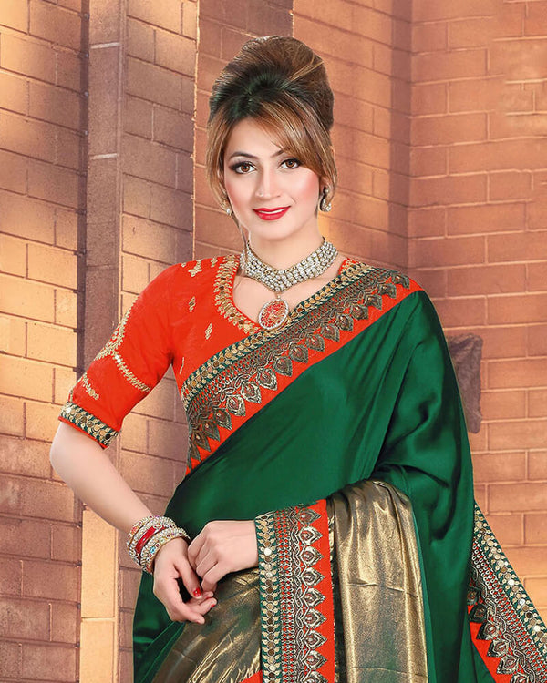 Vishal Prints Dark Green Satin Saree With Foil Print And Jari Work