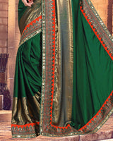 Vishal Prints Dark Green Satin Saree With Foil Print And Jari Work