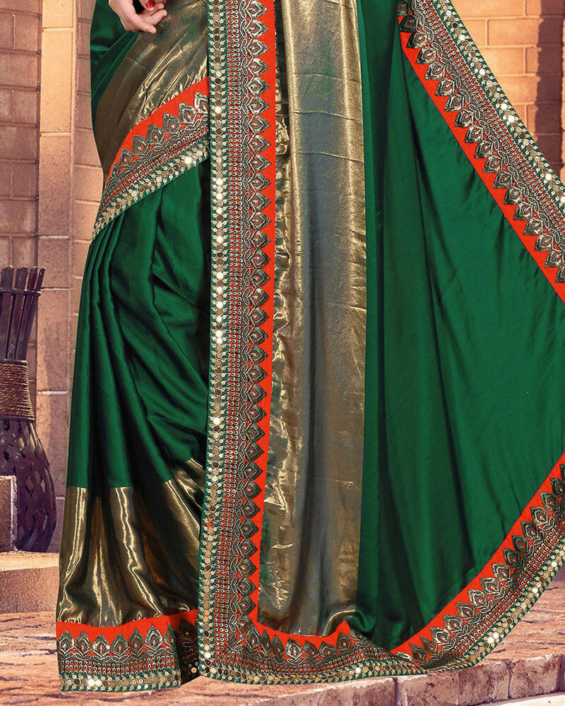 Vishal Prints Dark Green Satin Saree With Foil Print And Jari Work