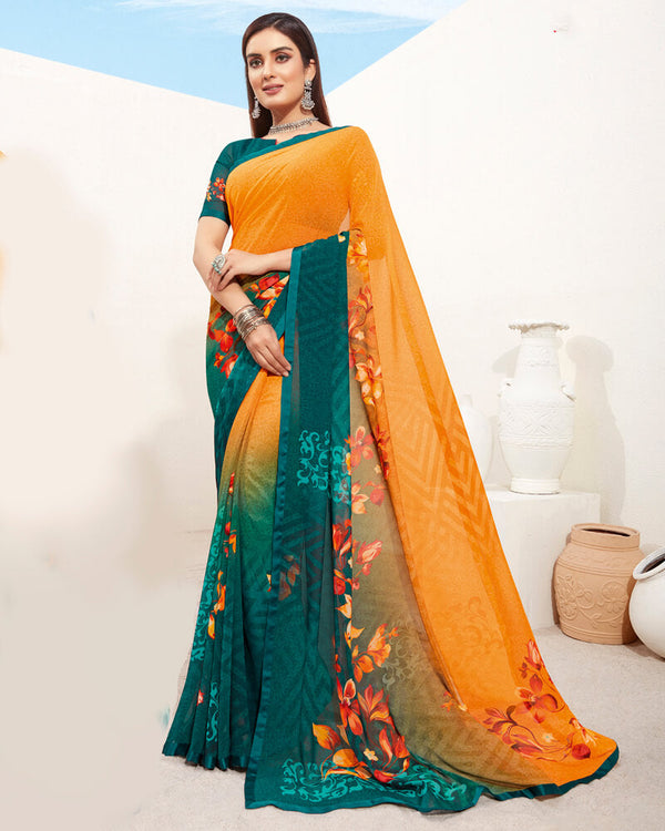 Vishal Prints Orange And Teal Green Digital Print Georgette Saree With Piping