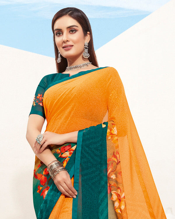 Vishal Prints Orange And Teal Green Digital Print Georgette Saree With Piping