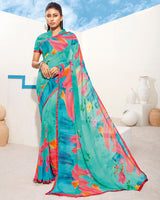 Vishal Prints Light Sea Green Digital Print Georgette Saree With Piping