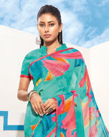 Vishal Prints Light Sea Green Digital Print Georgette Saree With Piping