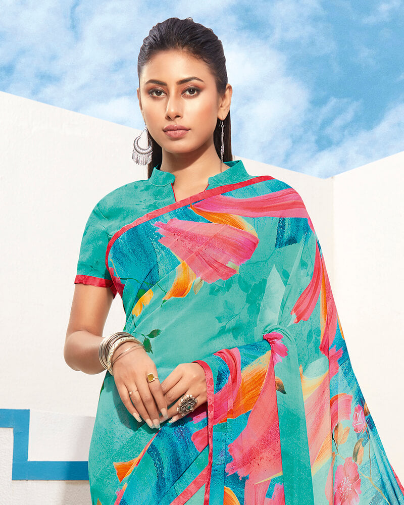Vishal Prints Light Sea Green Digital Print Georgette Saree With Piping