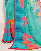 Vishal Prints Light Sea Green Digital Print Georgette Saree With Piping