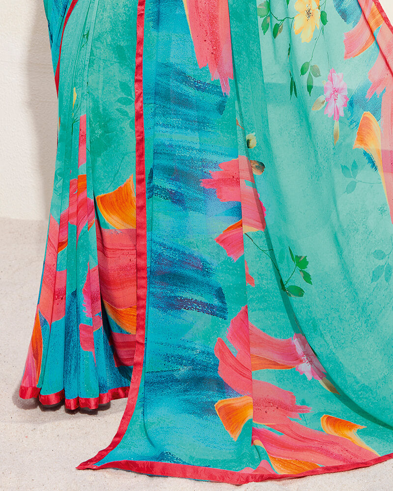 Vishal Prints Light Sea Green Digital Print Georgette Saree With Piping