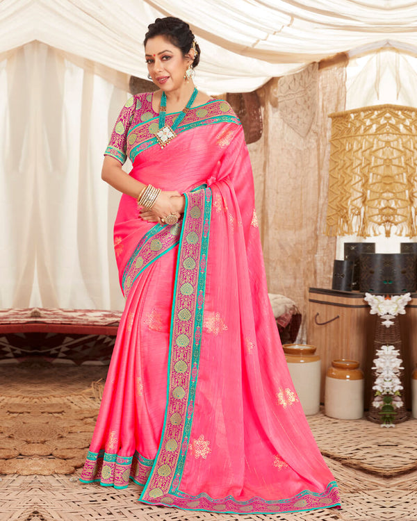 Vishal Prints Rose Pink Chiffon Saree With Foil Print And Border