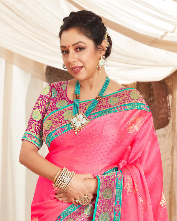 Vishal Prints Rose Pink Chiffon Saree With Foil Print And Border