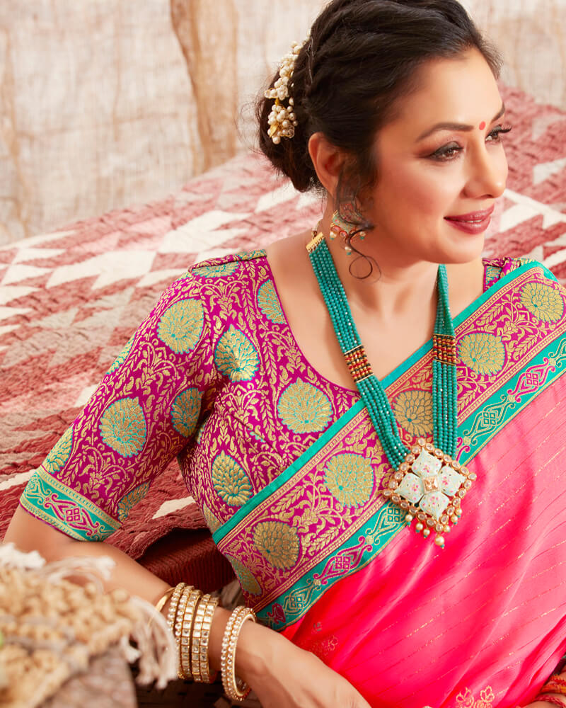 Vishal Prints Rose Pink Chiffon Saree With Foil Print And Border