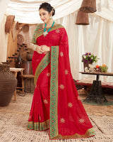 Vishal Prints Red Chiffon Saree With Foil Print And Border
