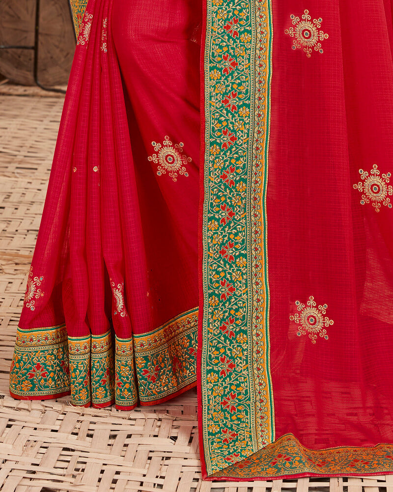 Vishal Prints Red Chiffon Saree With Foil Print And Border