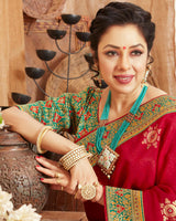 Vishal Prints Red Chiffon Saree With Foil Print And Border