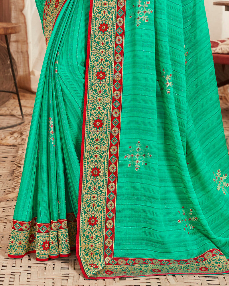 Vishal Prints Dark Sea Green Chiffon Saree With Foil Print And Border