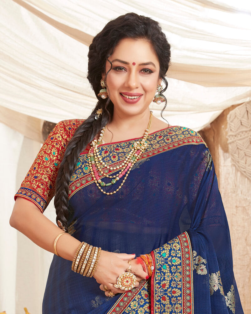 Vishal Prints Navy Blue Chiffon Saree With Foil Print And Border