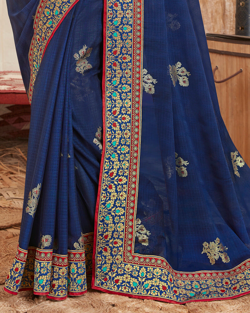 Vishal Prints Navy Blue Chiffon Saree With Foil Print And Border