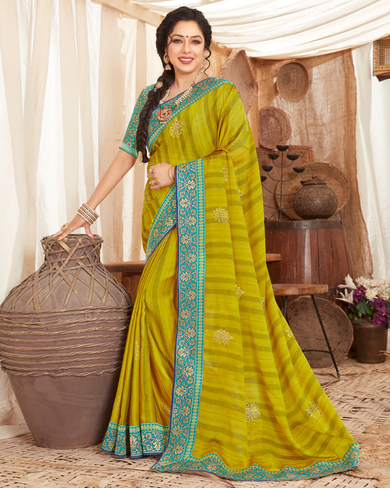 Vishal Prints Olive Green Chiffon Saree With Foil Print And Border