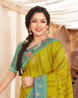 Vishal Prints Olive Green Chiffon Saree With Foil Print And Border