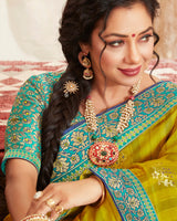 Vishal Prints Olive Green Chiffon Saree With Foil Print And Border