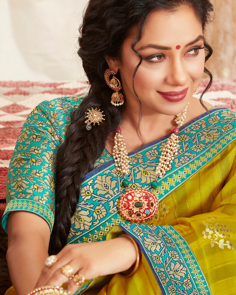 Vishal Prints Olive Green Chiffon Saree With Foil Print And Border