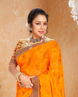 Vishal Prints Orange Chiffon Saree With Foil Print And Border