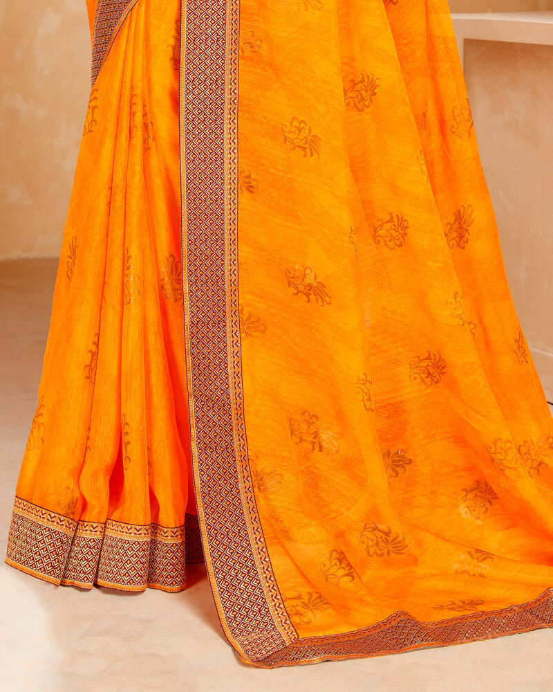 Vishal Prints Orange Chiffon Saree With Foil Print And Border