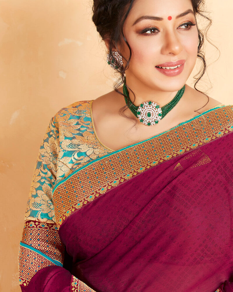 Vishal Prints Wine Chiffon Saree With Foil Print And Border