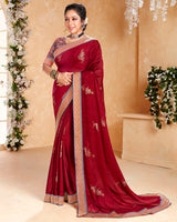 Vishal Prints Red Chiffon Saree With Foil Print And Border
