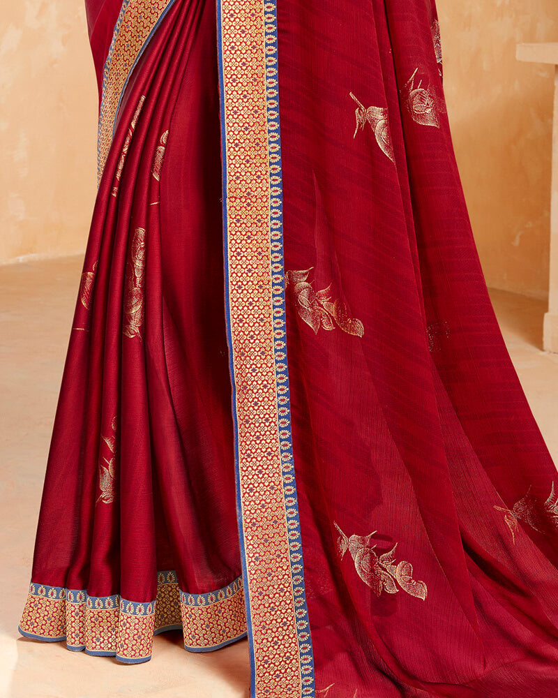 Vishal Prints Red Chiffon Saree With Foil Print And Border
