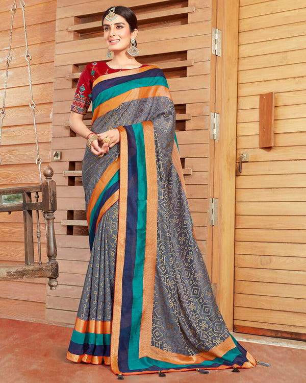 Vishal Prints Dark Grey Silk Saree With Weaving Work